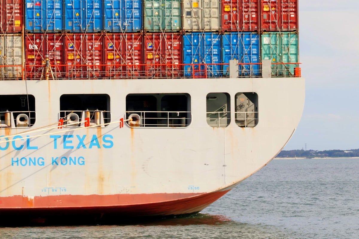 Container ship at port loaded with cargo